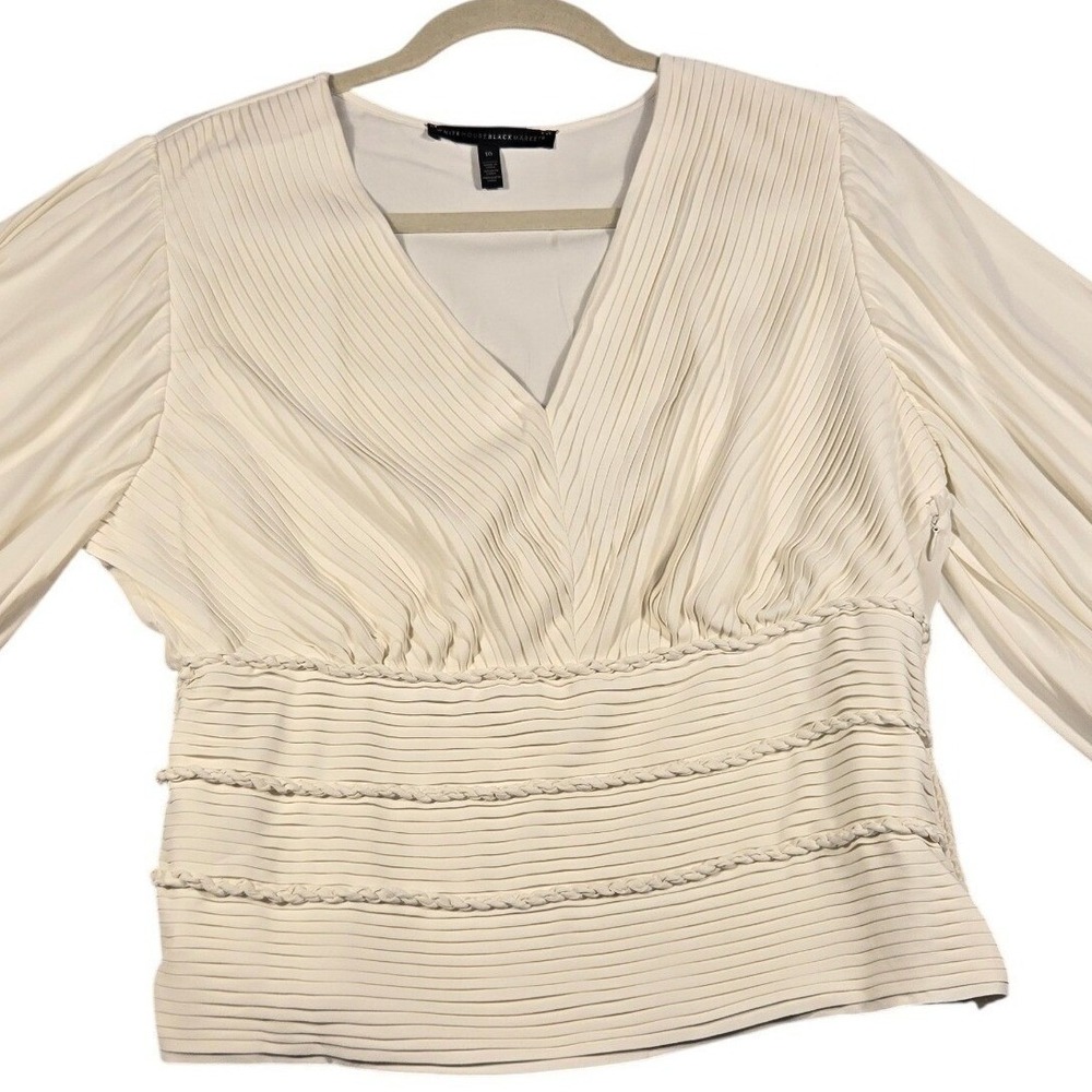 White House Black Market Pleated Smocked Waist Bishop Sleeve Blouse Ecru Size 10